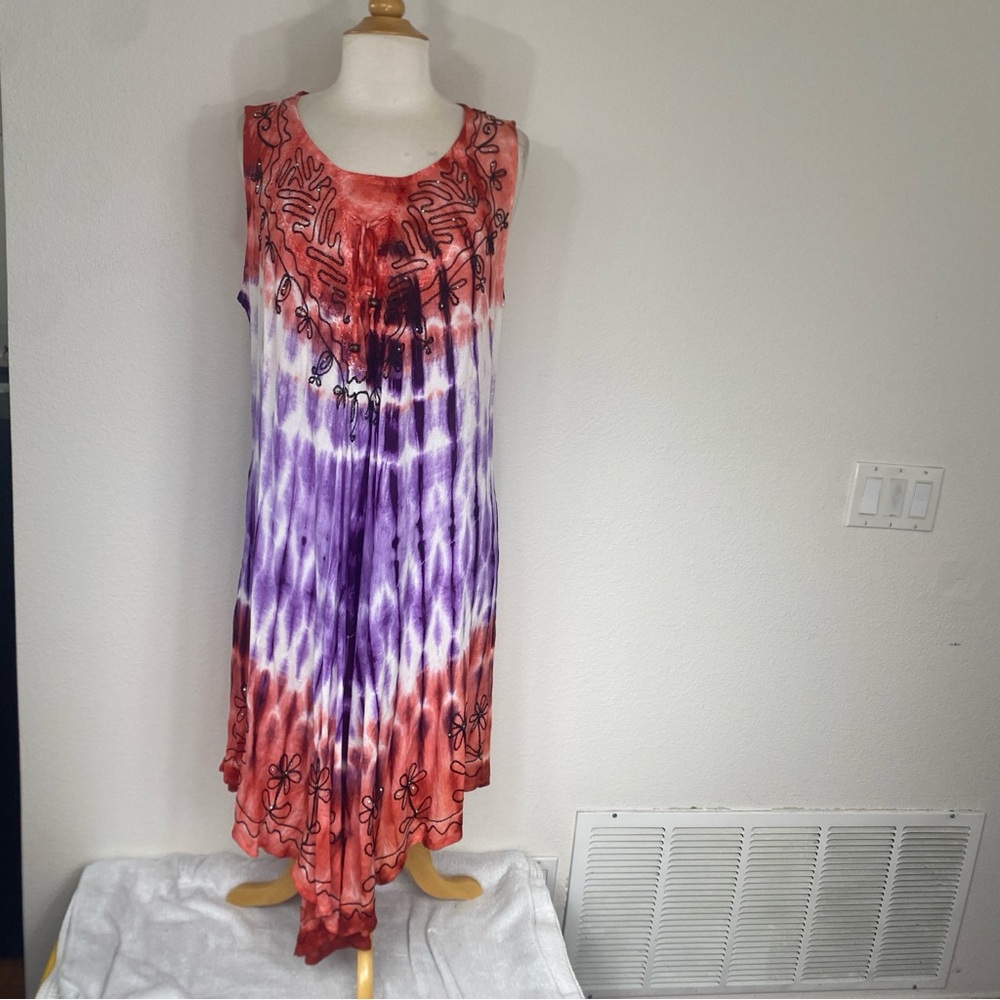 NWT New Seven Islands NY Red Purple Tie Dye Embroidered Sleeveless Dress L/XL